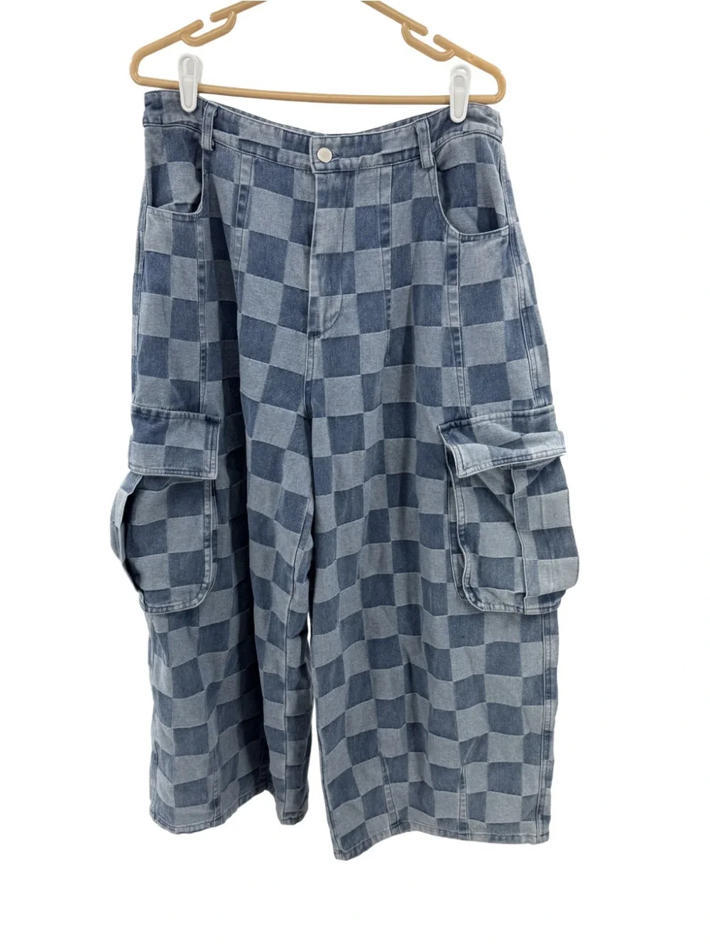 Bibi Checkerboard Denim Cargo wide leg barrel Jeans Pants Two-Tone Blue XL denim - Picture 1 of 11